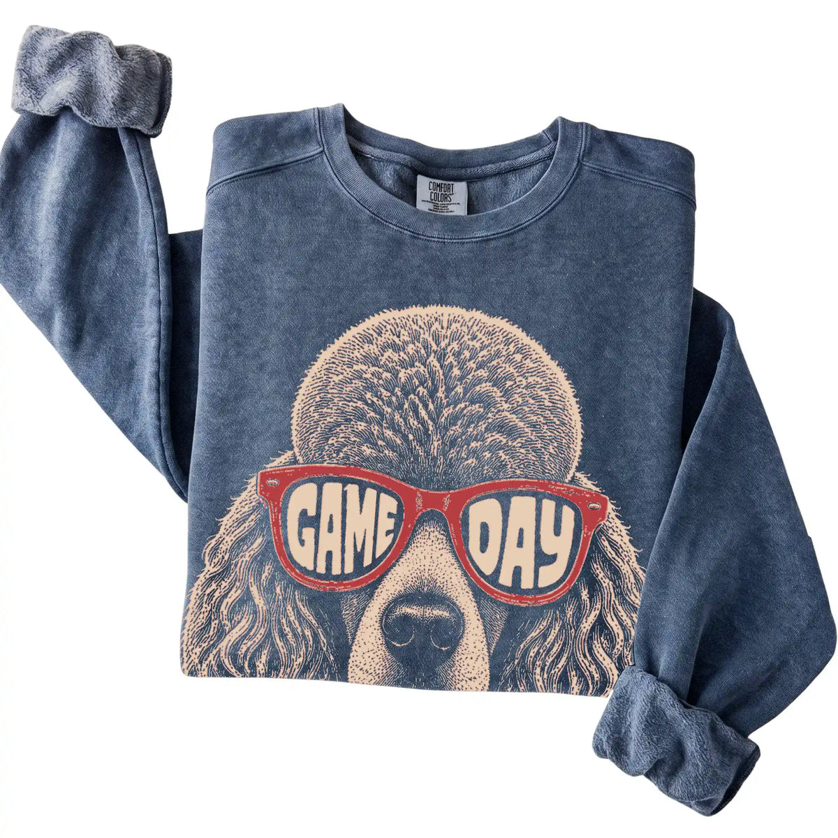 Denim Poodle Game Day Sunglasses sweatshirt, folded