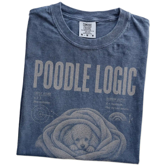 Folded Denim Poodle Logic T-Shirt showing the graphic