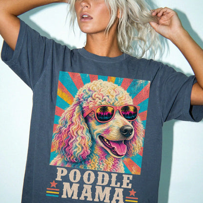 Retro Poodle Mama design on a Denim Comfort Colors T-shirt worn by a model