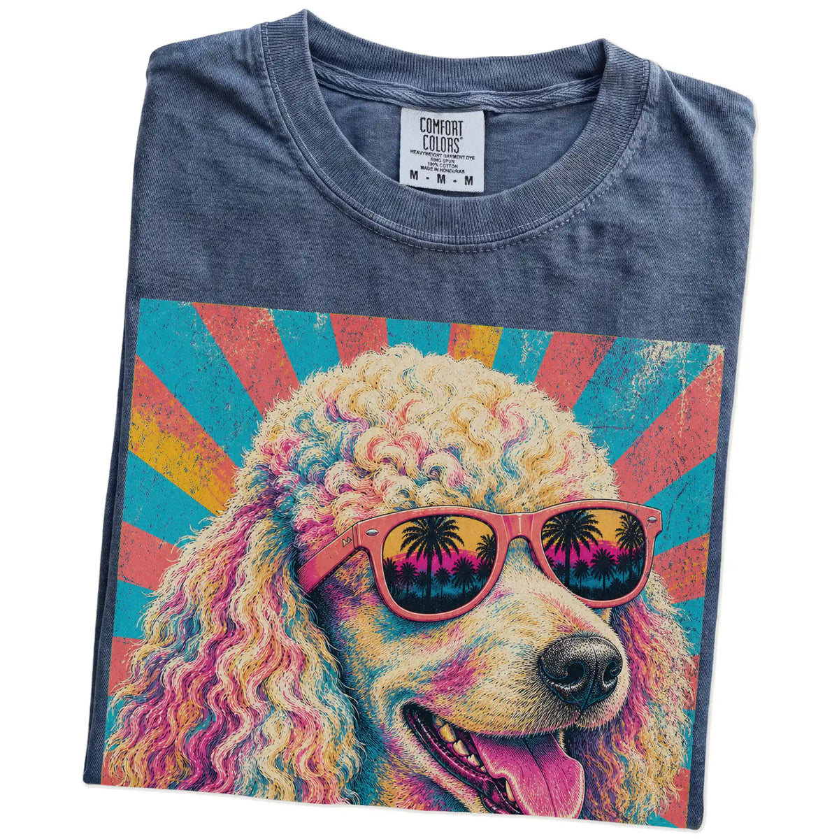 Retro Poodle Mama design on a Denim Comfort Colors T-shirt folded detail