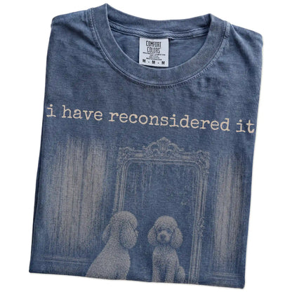 Folded Denim Comfort Colors® T-shirt showing “the answer is still no” poodle design