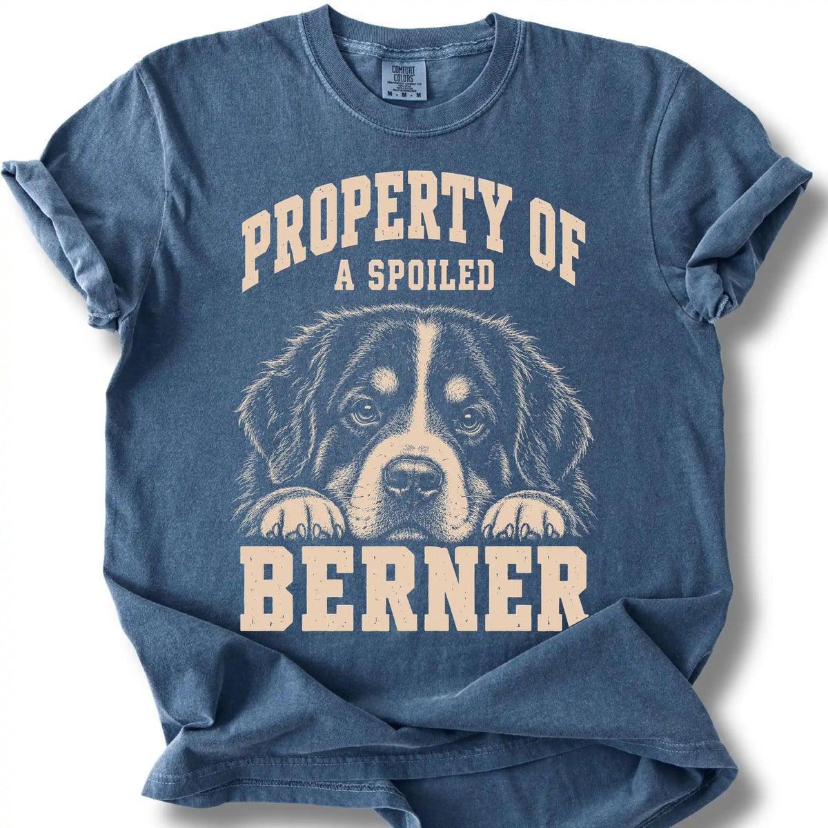 Denim Bernese Mountain Dog T-shirt with a dog portrait and “Property of a Spoiled” lettering.