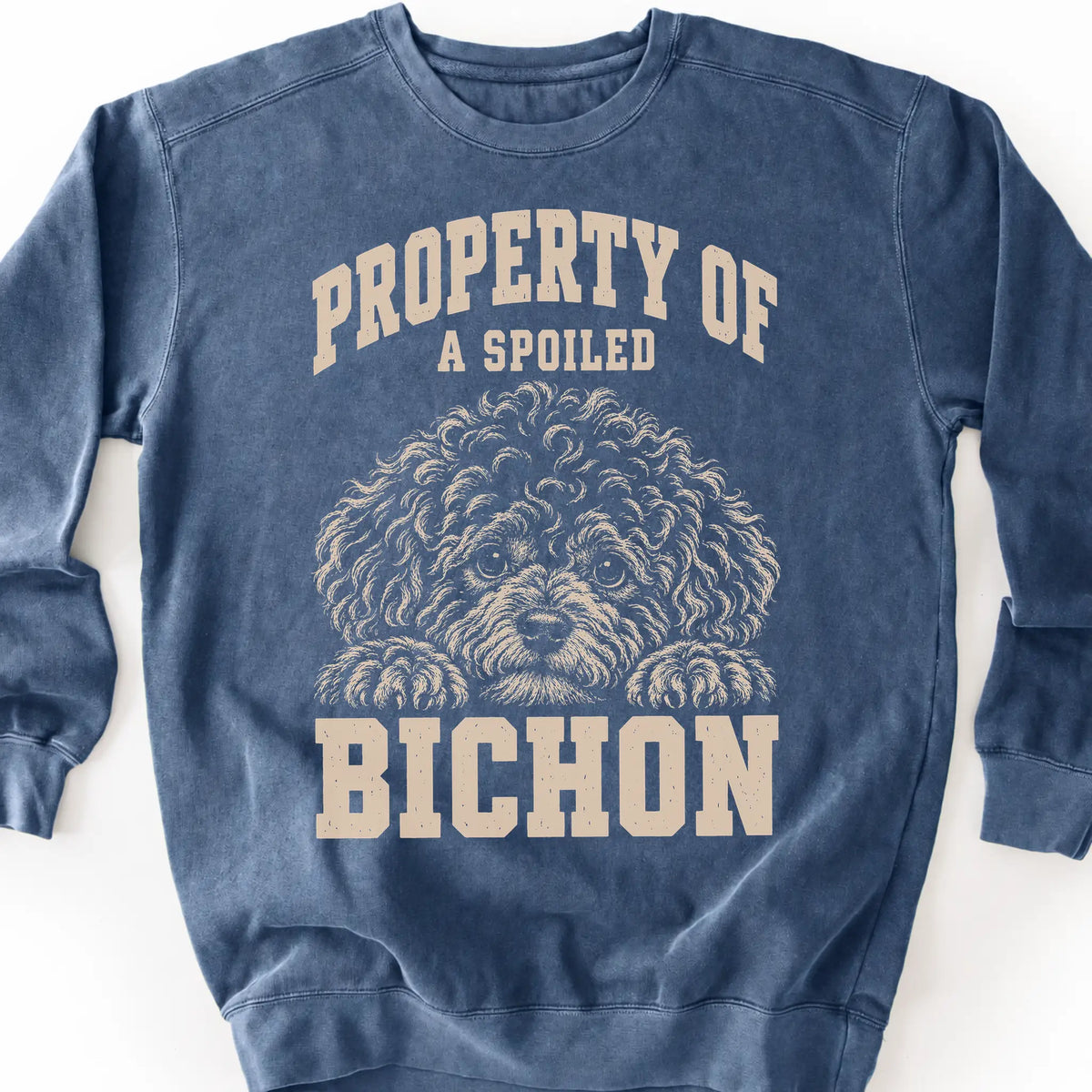 Denim Bichon Frise sweatshirt with a dog portrait and “Property of a Spoiled” lettering.