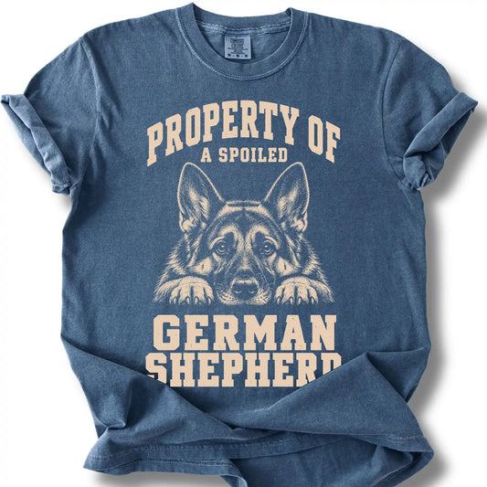 Denim German Shepherd T-shirt with a dog portrait and “Property of a Spoiled” lettering.