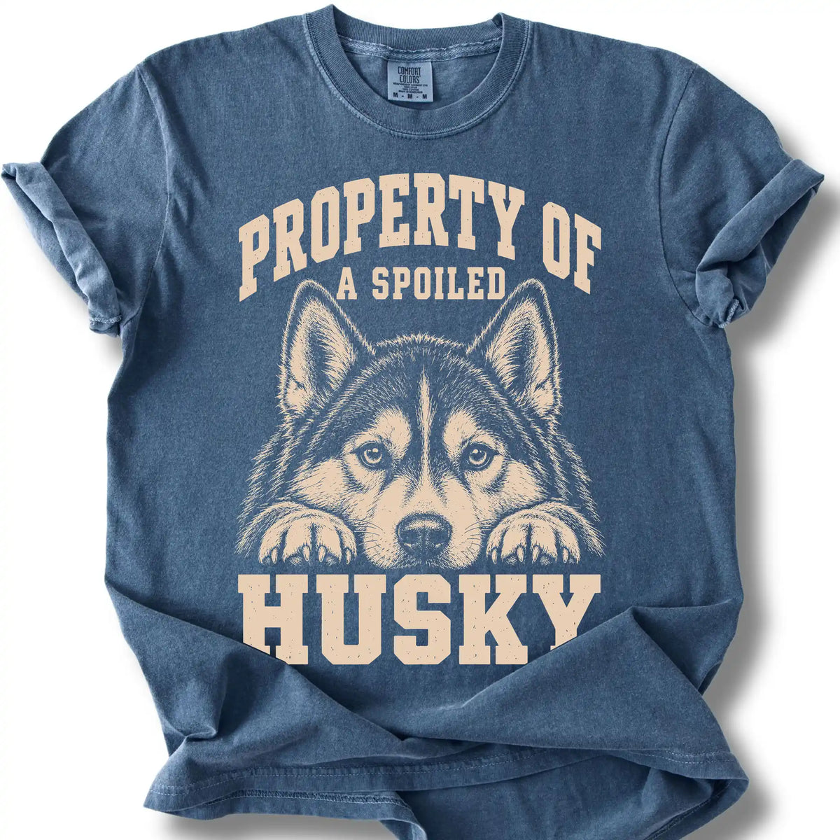 Denim Husky T-shirt with a dog portrait and “Property of a Spoiled” lettering.