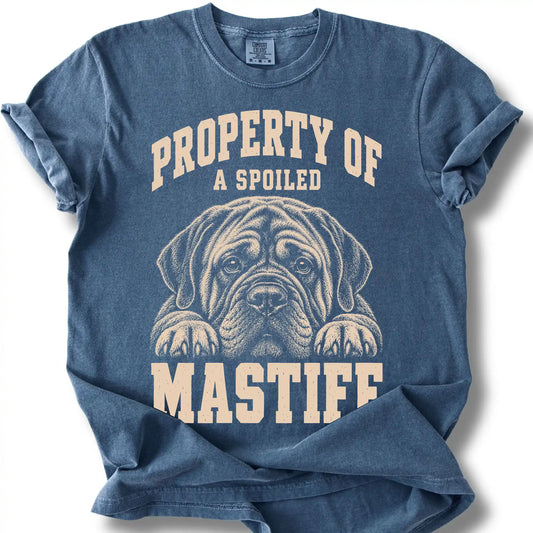 Denim Mastiff T-shirt with a dog portrait and “Property of a Spoiled” lettering.