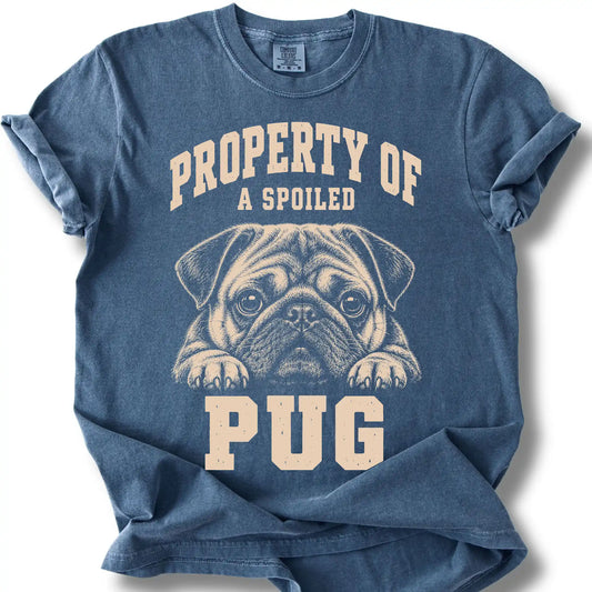 Denim Pug T-shirt with a dog portrait and “Property of a Spoiled” lettering.