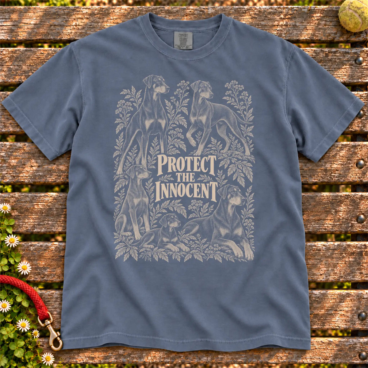 Protect the Innocent Doberman design on a Denim T-shirt