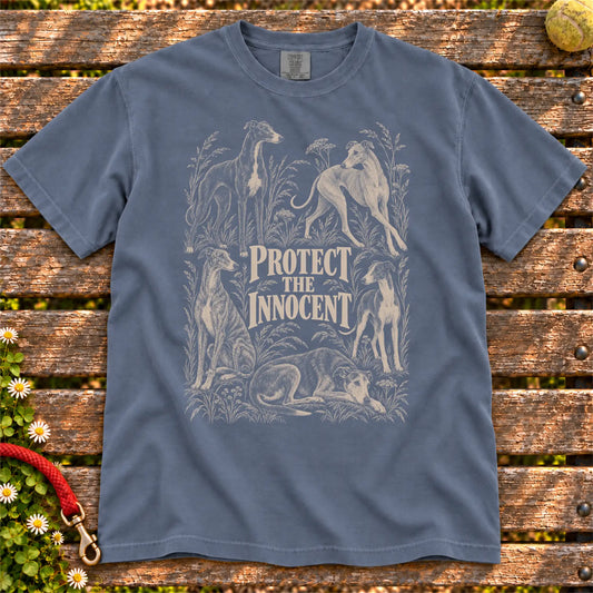 Protect the Innocent Greyhound design on a Denim T-shirt