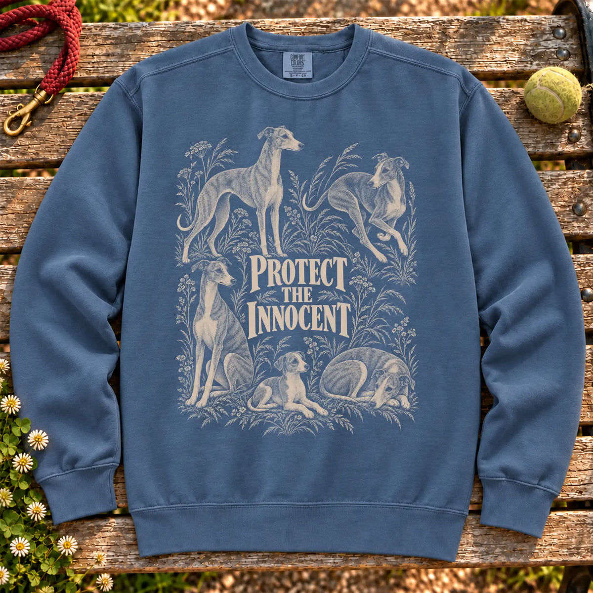 Protect the Innocent Whippet design on a Denim sweatshirt