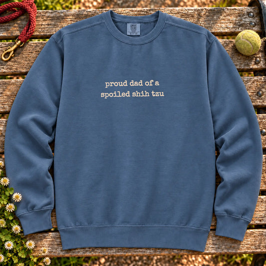 Proud Shih Tzu Dad design on a Denim crewneck sweatshirt, shown flat