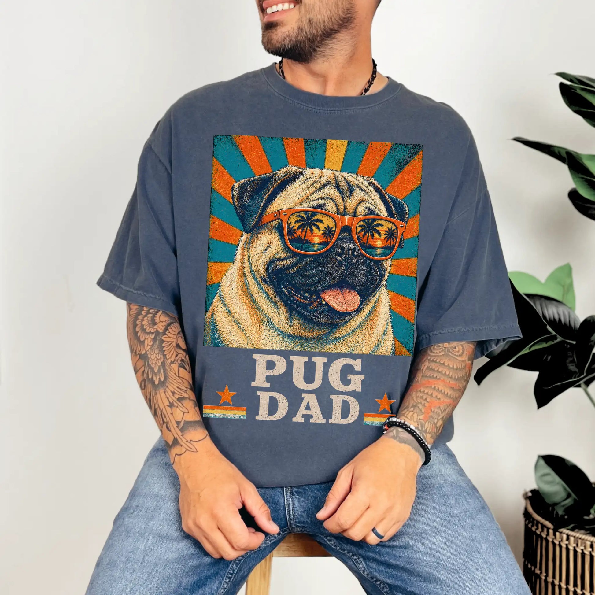 Retro Pug Dad design on a Denim Comfort Colors T-shirt worn by a model
