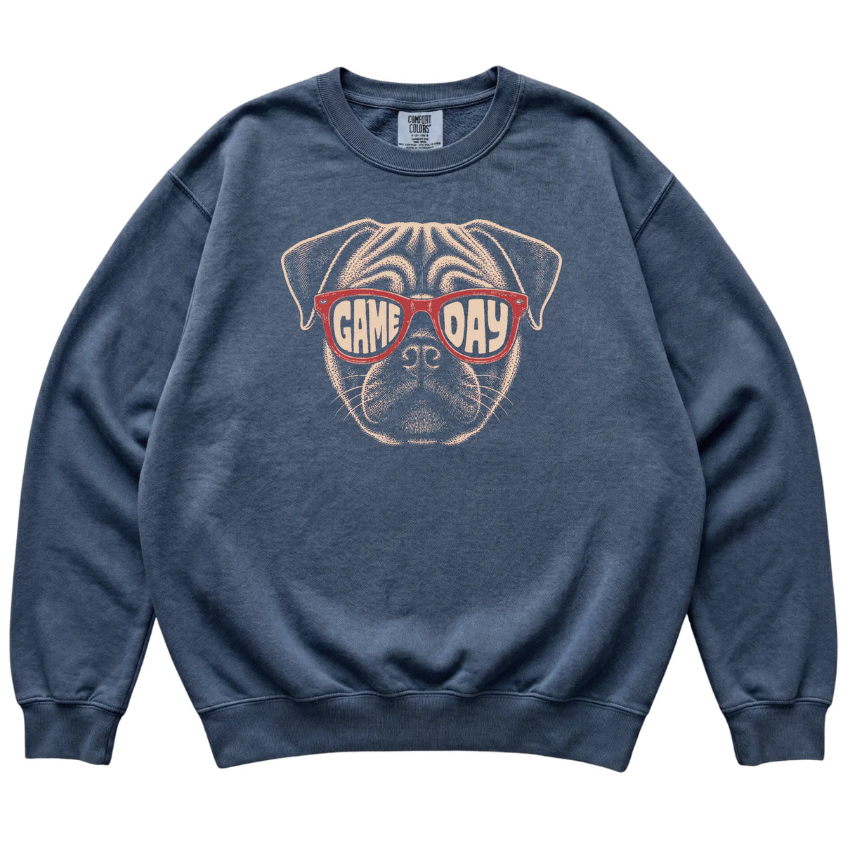 Denim Pug Game Day Sunglasses sweatshirt, laid flat