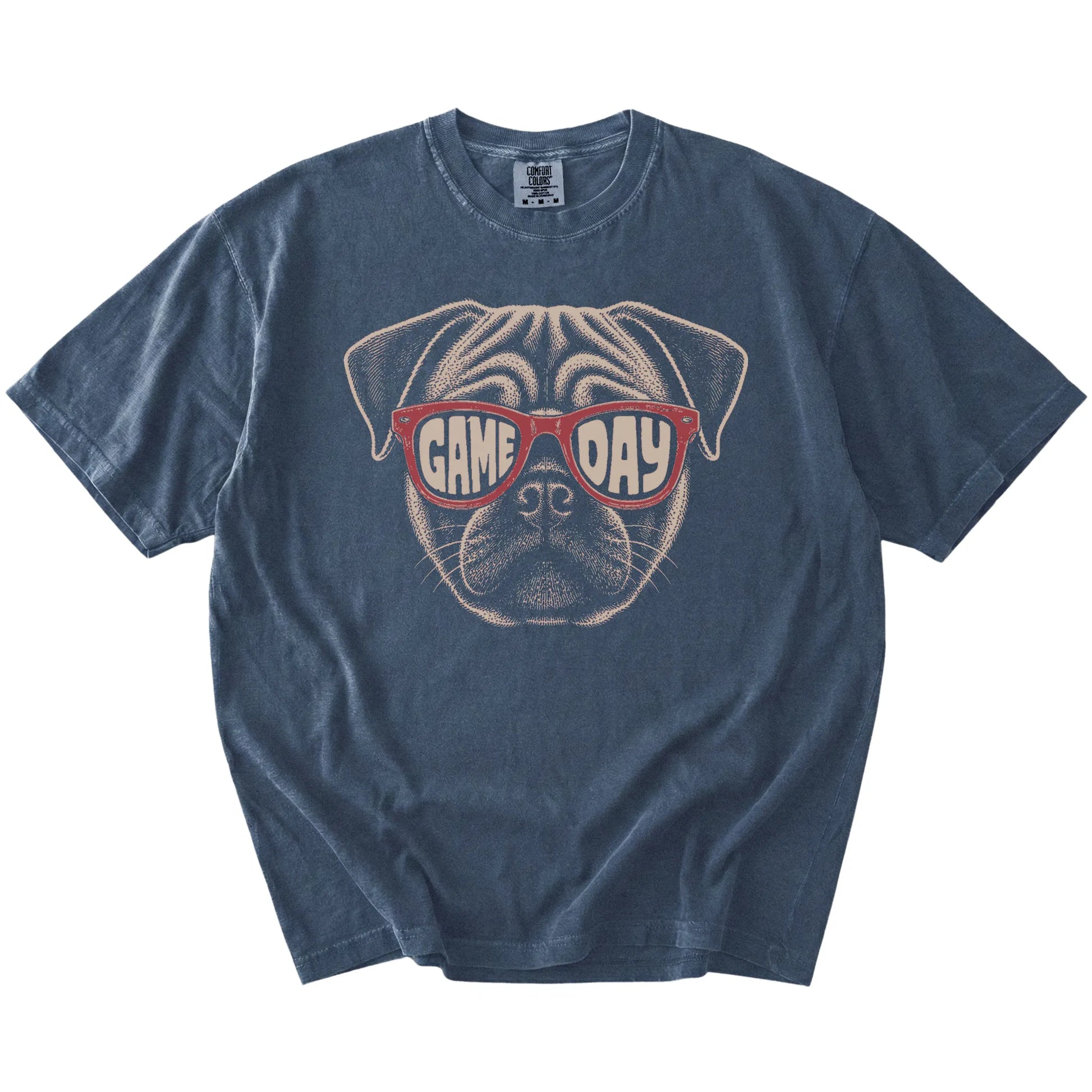 Pug wearing red Game Day sunglasses on a Denim Comfort Colors® T-shirt