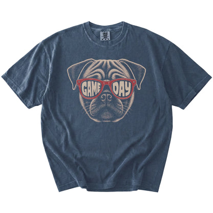 Pug wearing red Game Day sunglasses on a Denim Comfort Colors® T-shirt