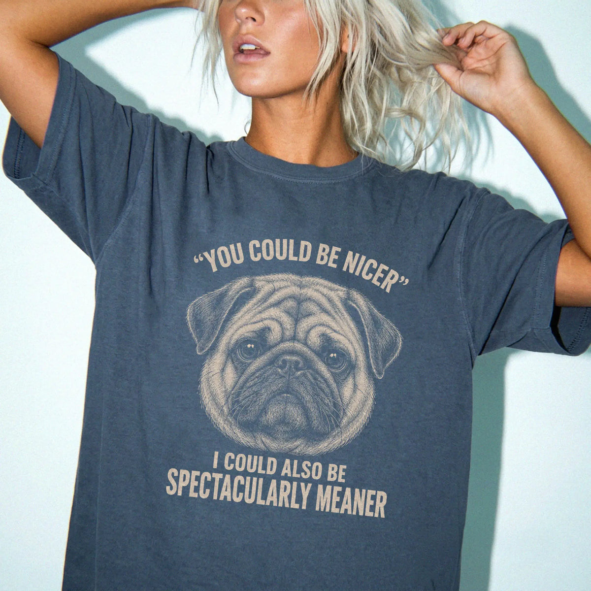 Pug Guard Dog T-Shirt in Denim worn in a studio setting