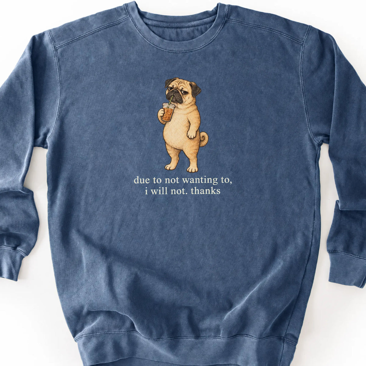 Pug I Will Not design with iced coffee on a denim sweatshirt