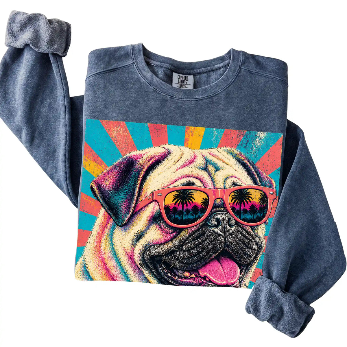 Folded Denim Comfort Colors sweatshirt with a Retro Pug Mama design