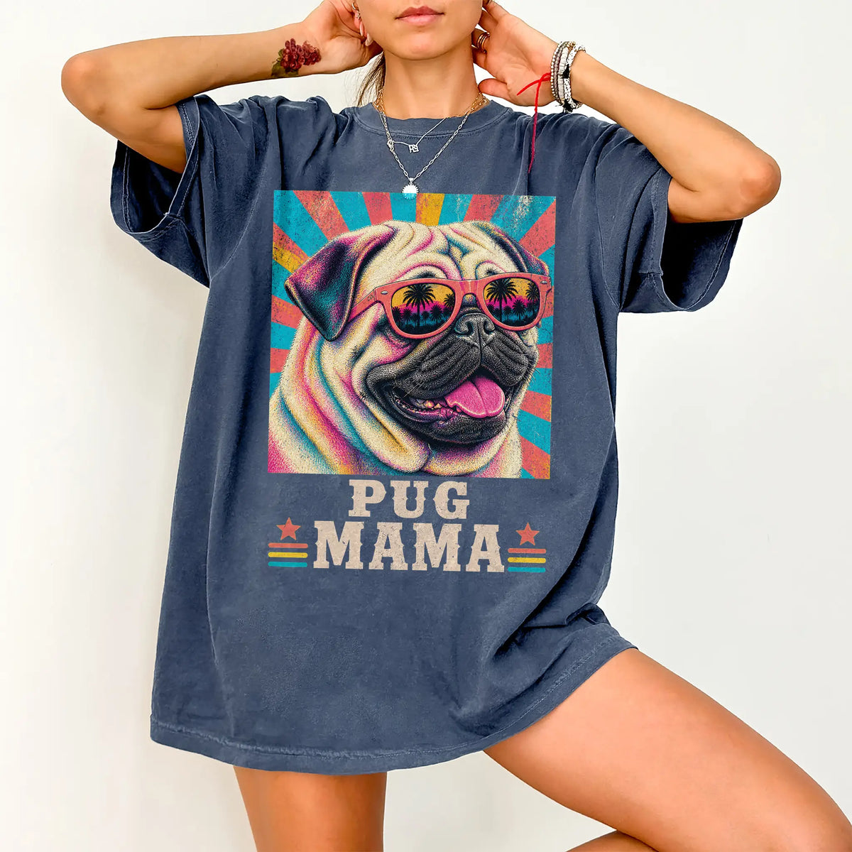 Retro Pug Mama design on a Denim Comfort Colors T-shirt worn by a model