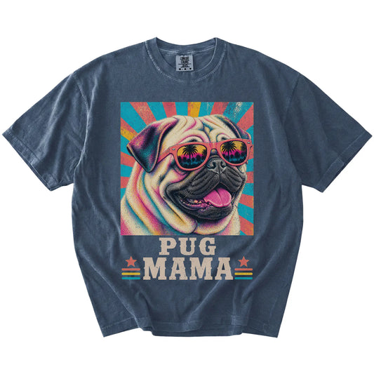 Retro Pug Mama design on a Denim Comfort Colors T-shirt