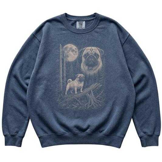 Denim Pug Moonlit Forest Comfort Colors sweatshirt, flat view