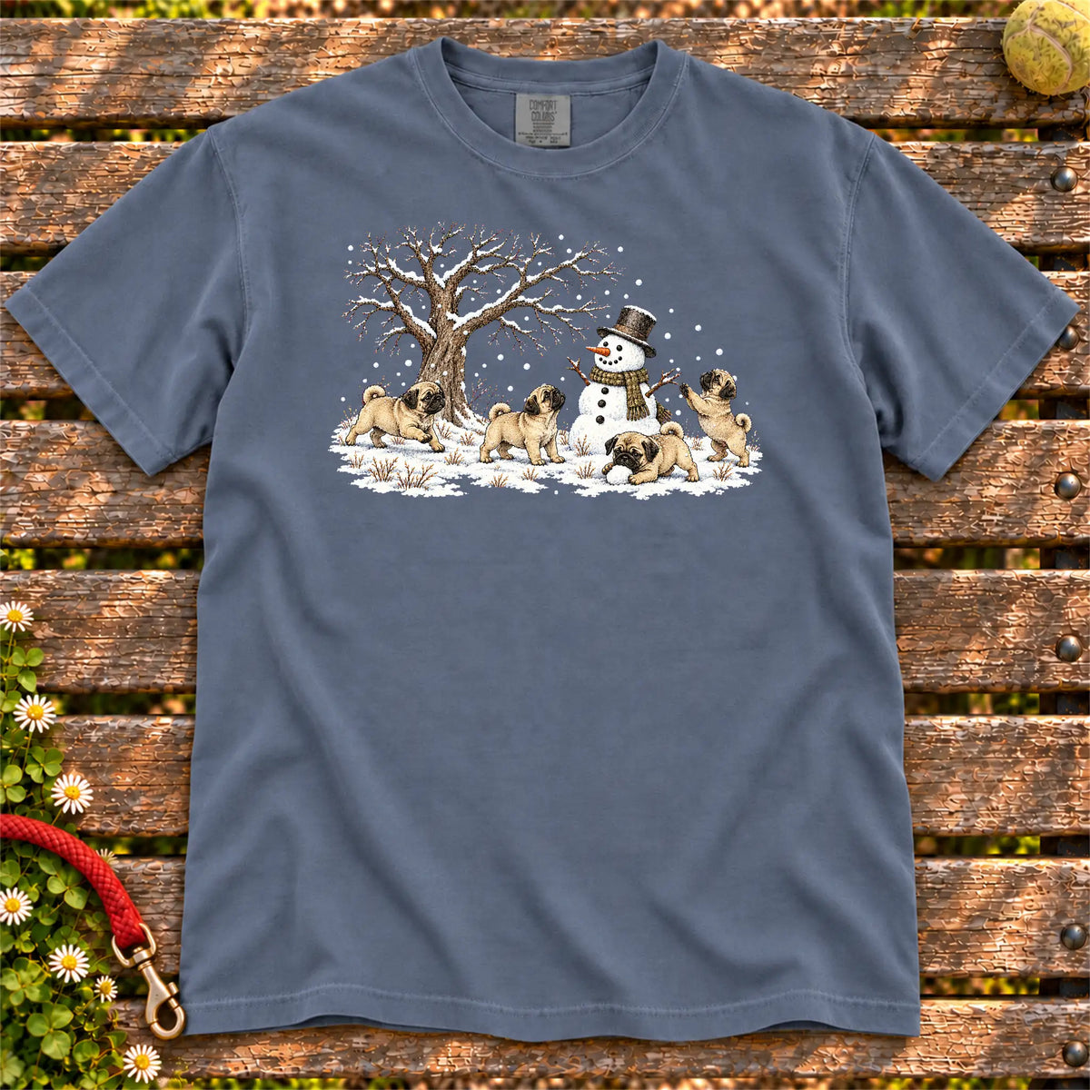Pug puppies playing in snow with a snowman on a Denim T-shirt