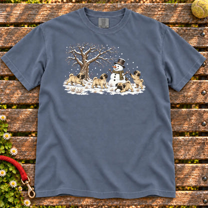 Pug puppies playing in snow with a snowman on a Denim T-shirt