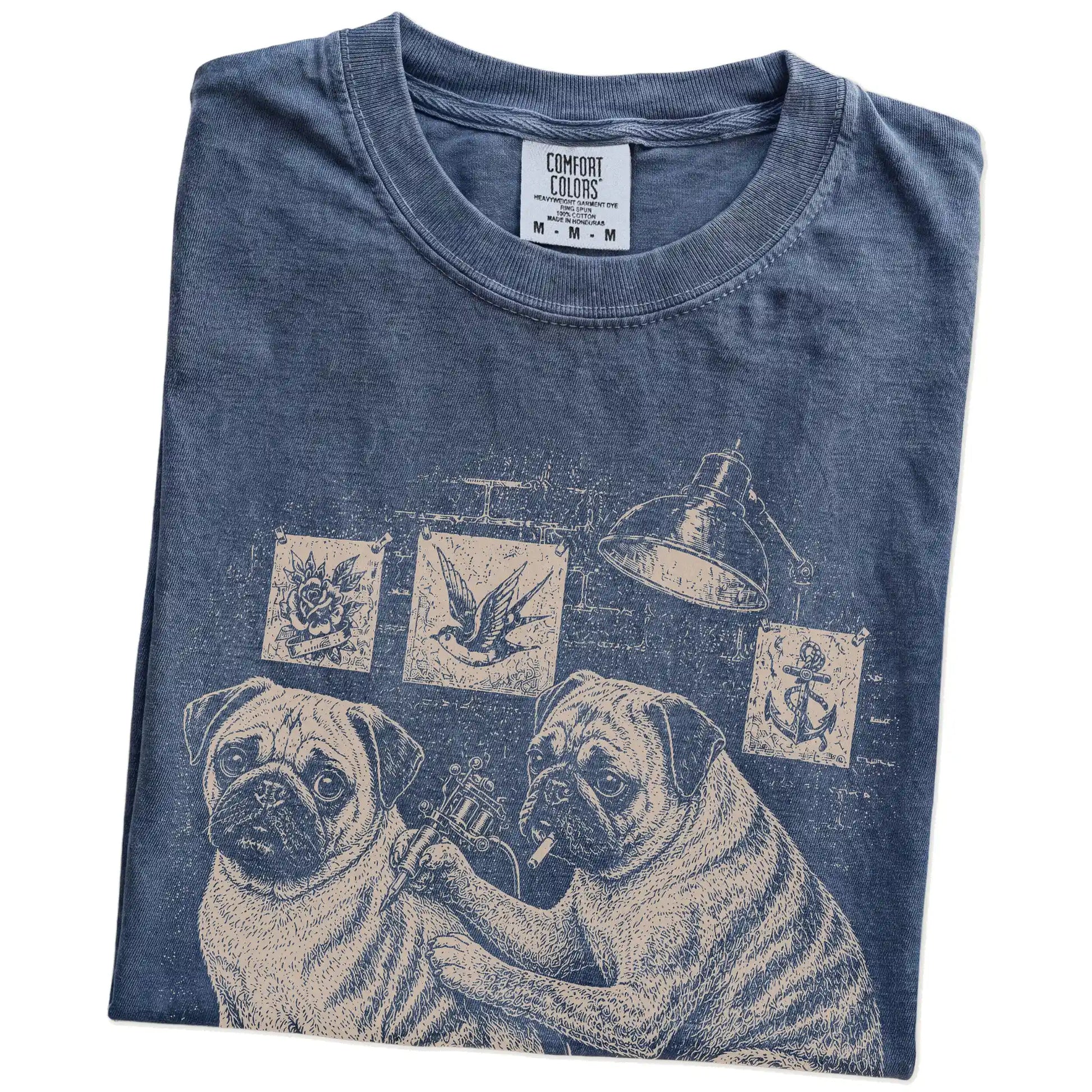 Folded Denim Pug Tattoo t-shirt showing the graphic