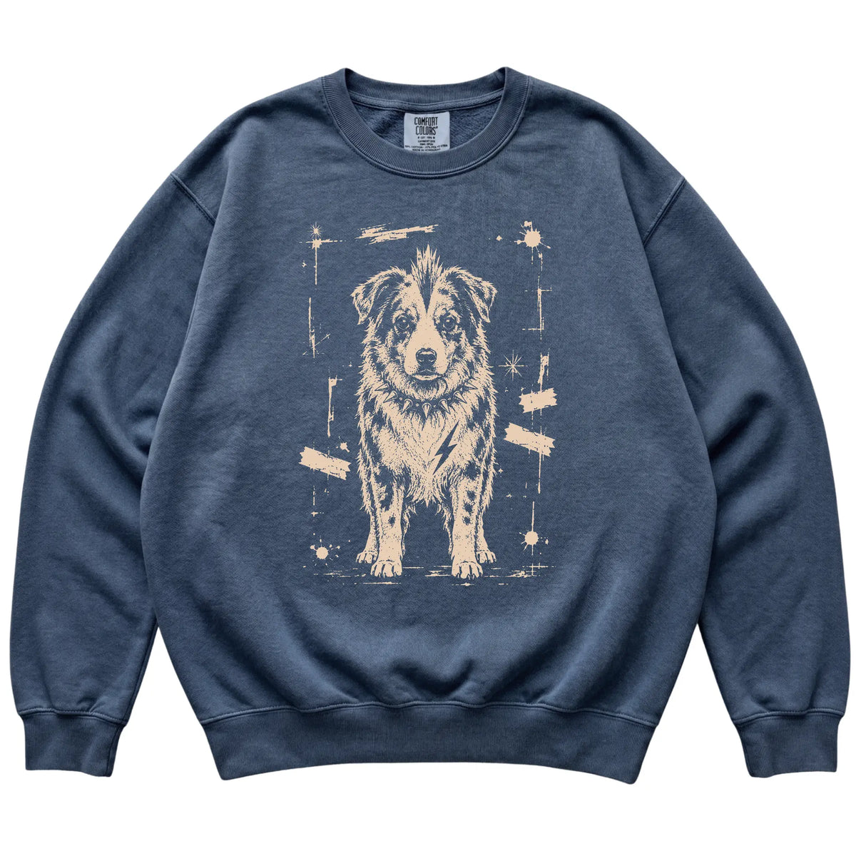 Denim Punk Rock Australian Shepherd Comfort Colors sweatshirt, flat view