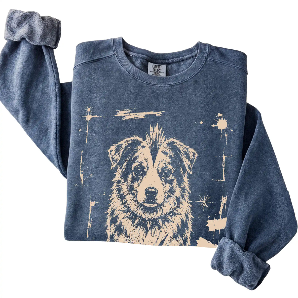 Denim Punk Rock Australian Shepherd Comfort Colors sweatshirt, folded view
