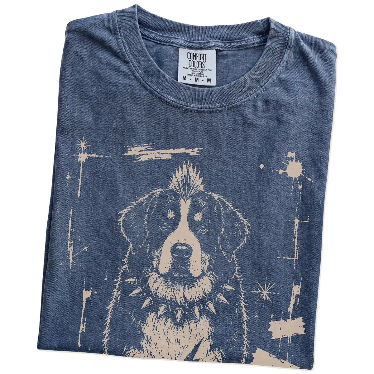 Folded Denim Punk Rock Bernese Mountain Dog T-Shirt showing the graphic