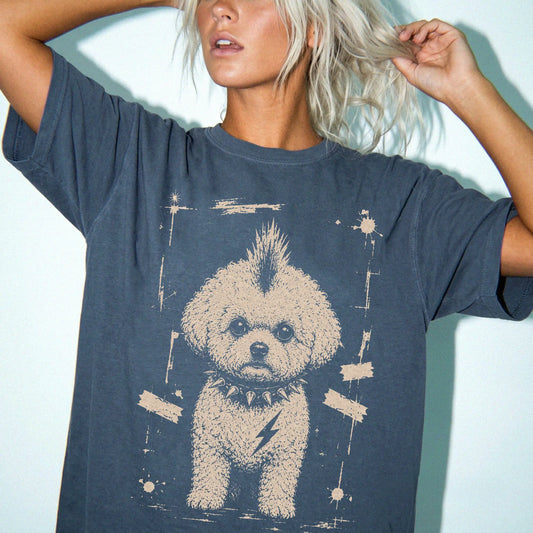 Woman wearing a Denim Punk Rock Bichon Frise T-Shirt