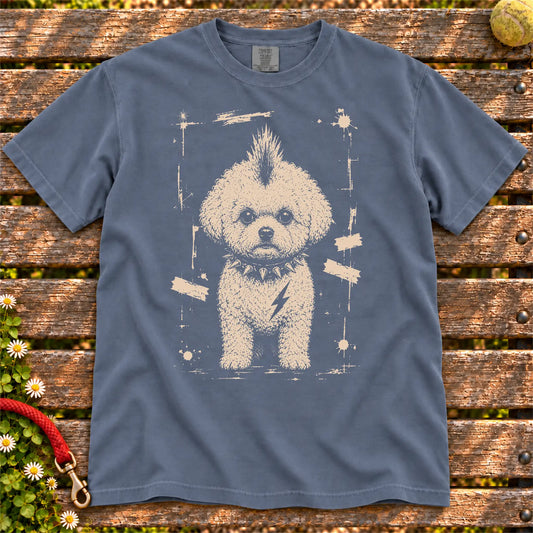 Bichon Frise Punk Rock design on a Denim T-shirt shown flat
