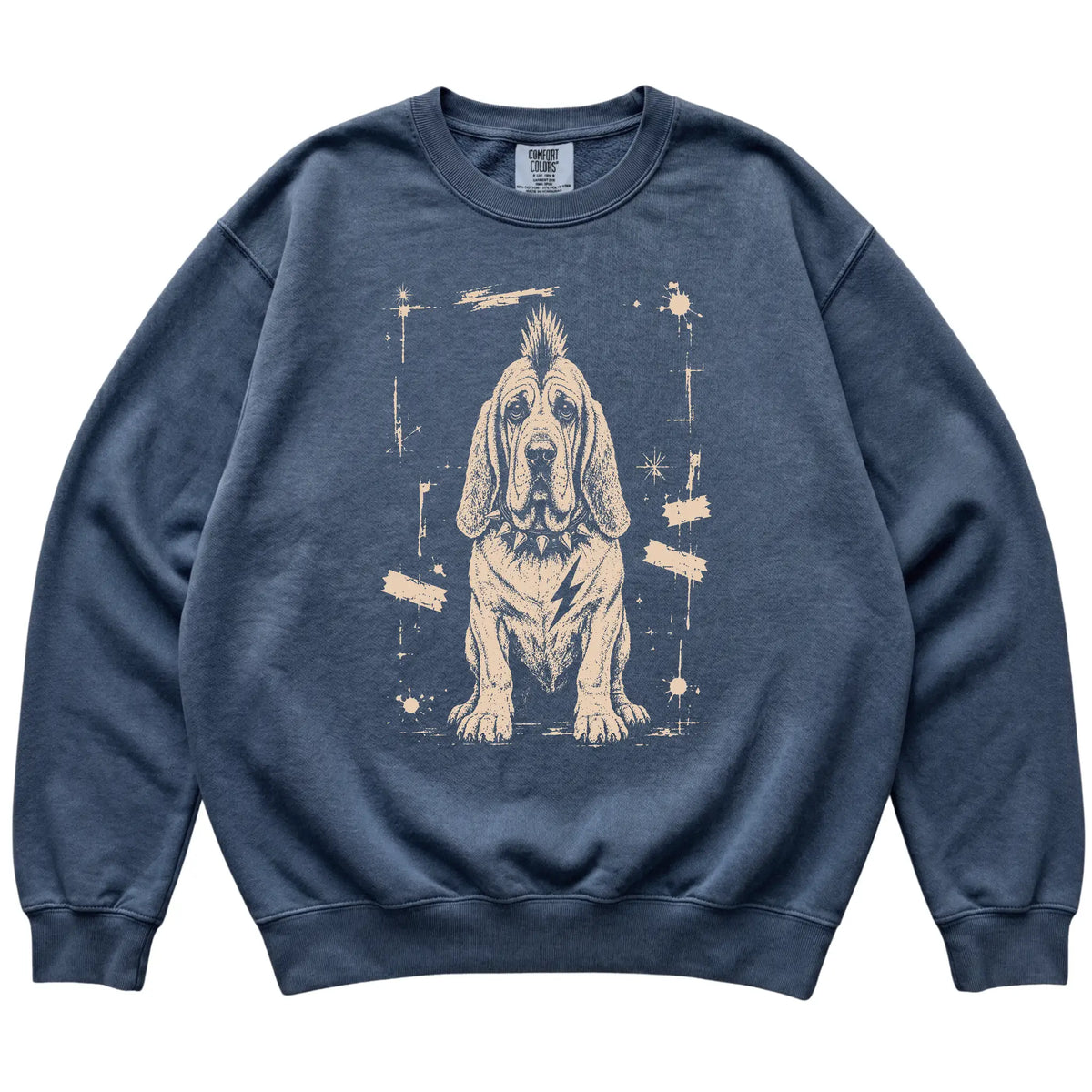 Denim Punk Rock Bloodhound Comfort Colors sweatshirt, flat view