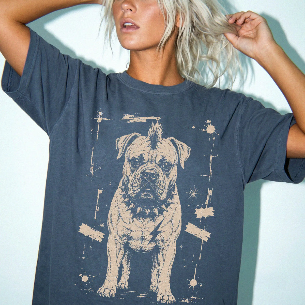 Woman wearing a Denim Punk Rock Cane Corso T-Shirt