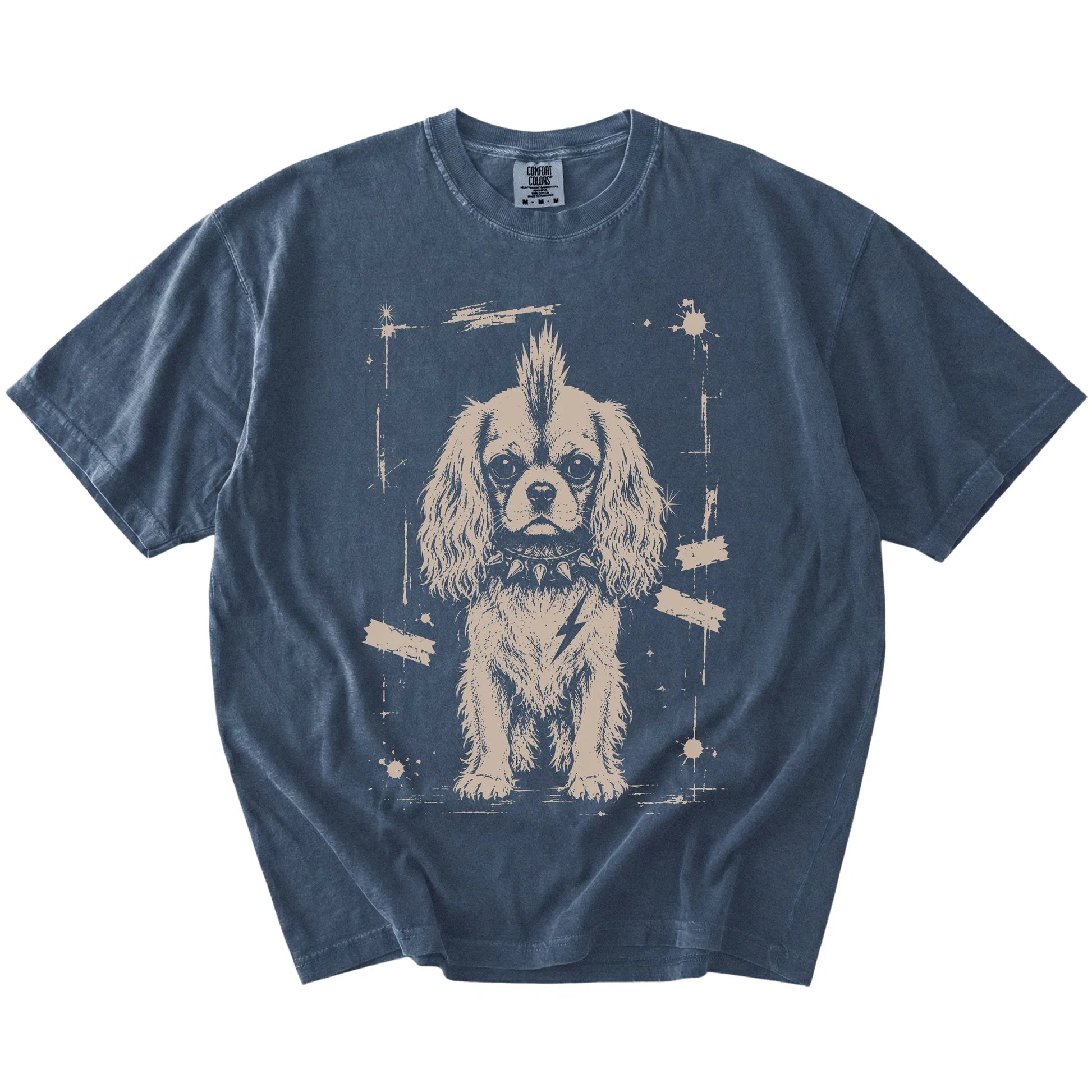 Denim Punk Rock Cavalier King Charles Spaniel T-Shirt laid flat