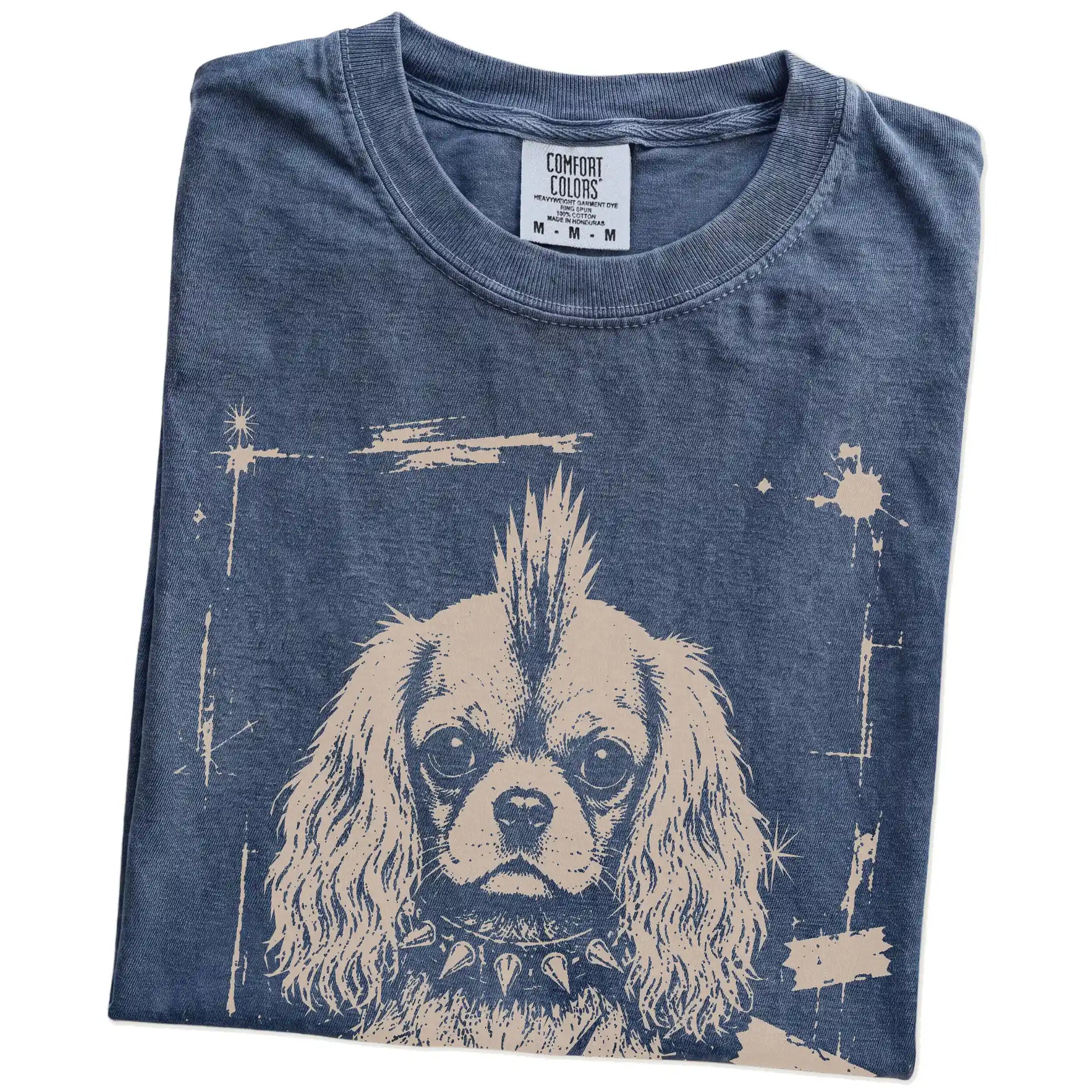 Folded Denim Punk Rock Cavalier King Charles Spaniel T-Shirt showing the graphic