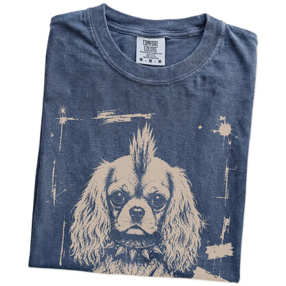 Folded Denim Punk Rock Cavalier King Charles Spaniel T-Shirt showing the graphic