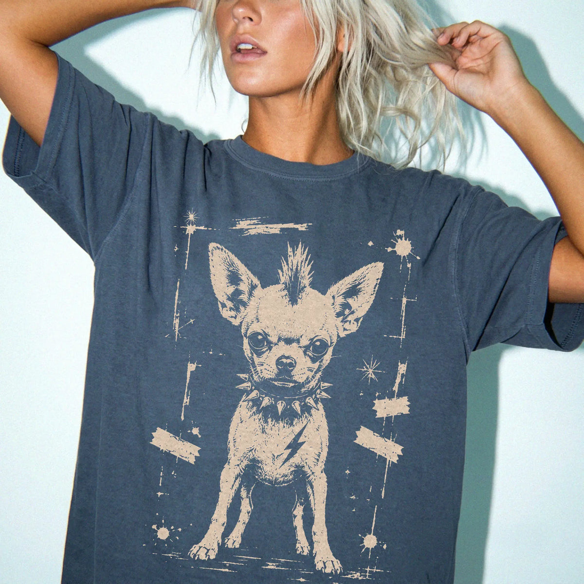 Woman wearing a Denim Punk Rock Chihuahua T-Shirt