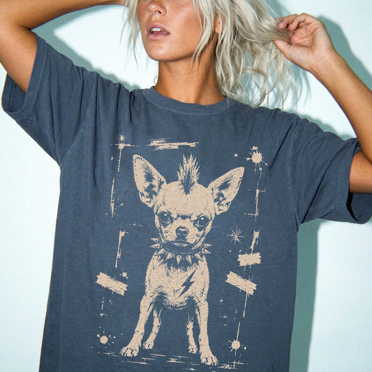 Woman wearing a Denim Punk Rock Chihuahua T-Shirt