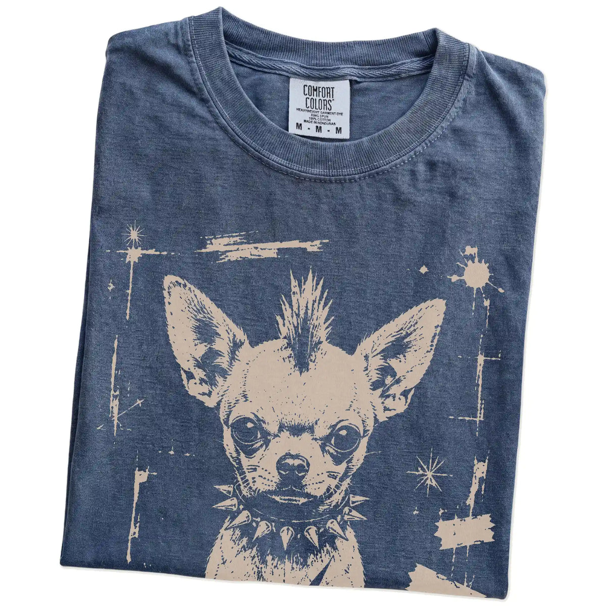 Folded Denim Punk Rock Chihuahua T-Shirt showing the graphic