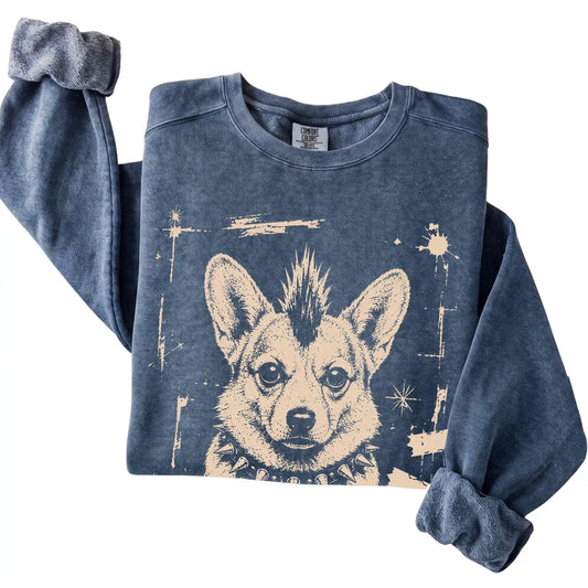 Denim Punk Rock Corgi Comfort Colors sweatshirt, folded view