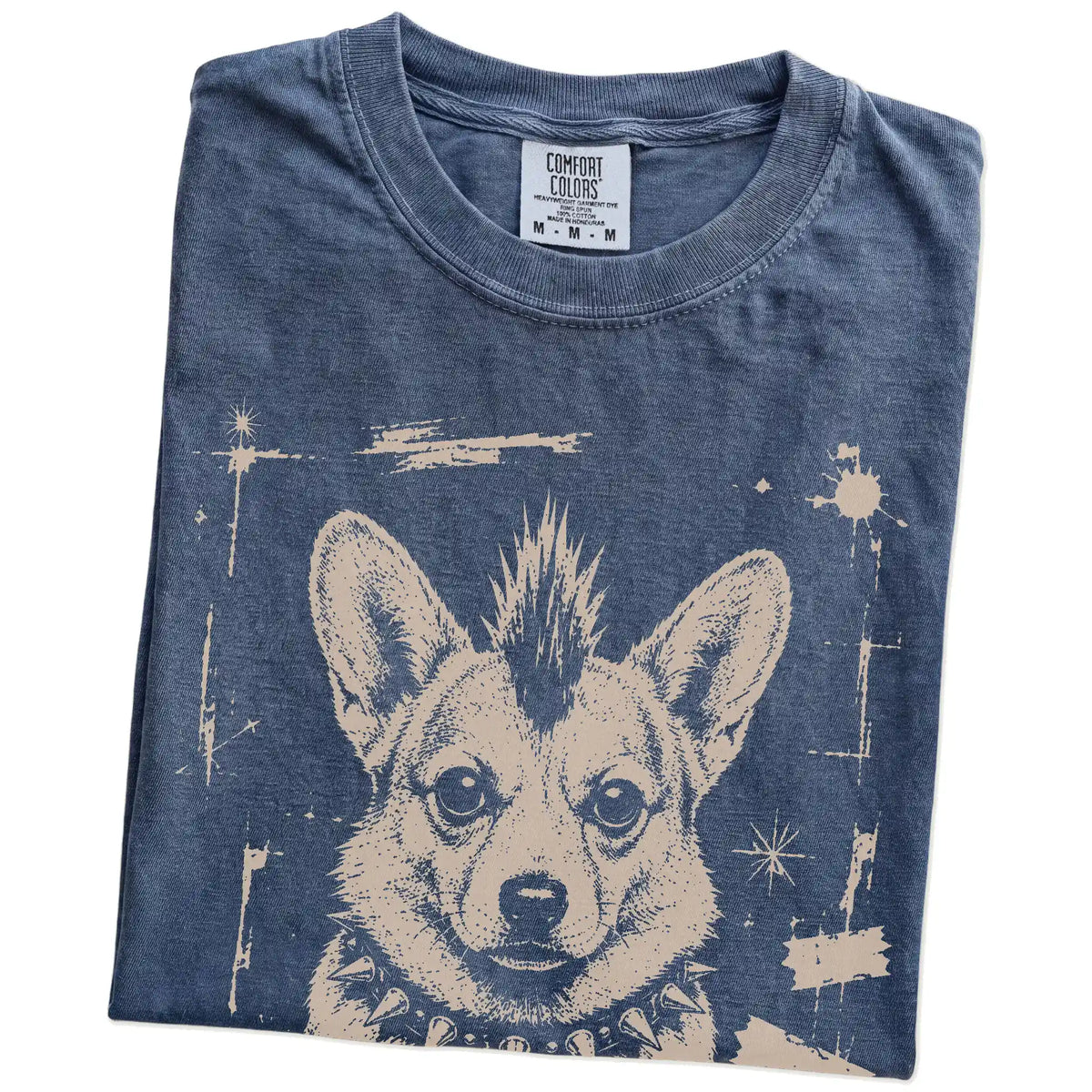 Folded Denim Punk Rock Corgi T-Shirt showing the graphic