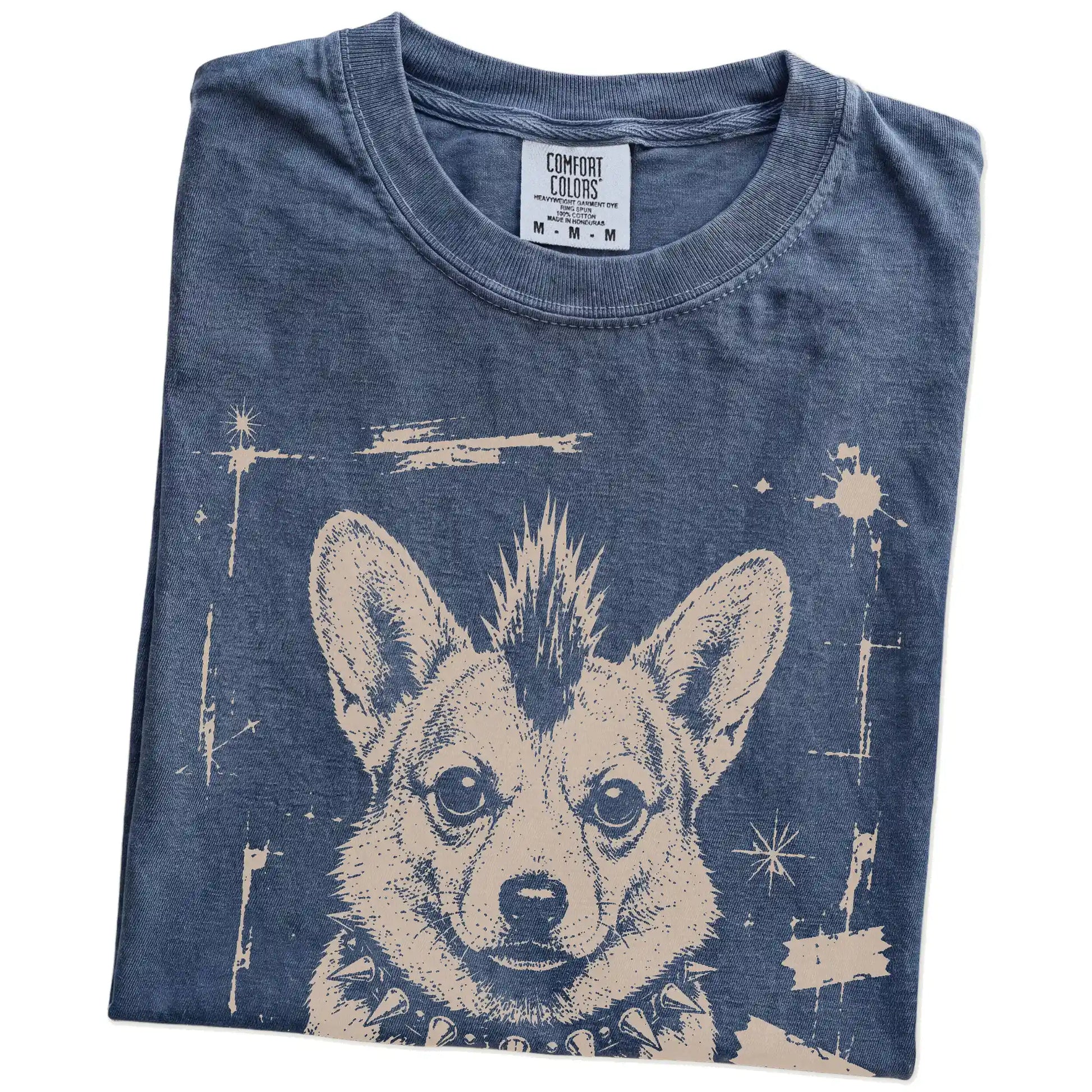 Folded Denim Punk Rock Corgi T-Shirt showing the graphic