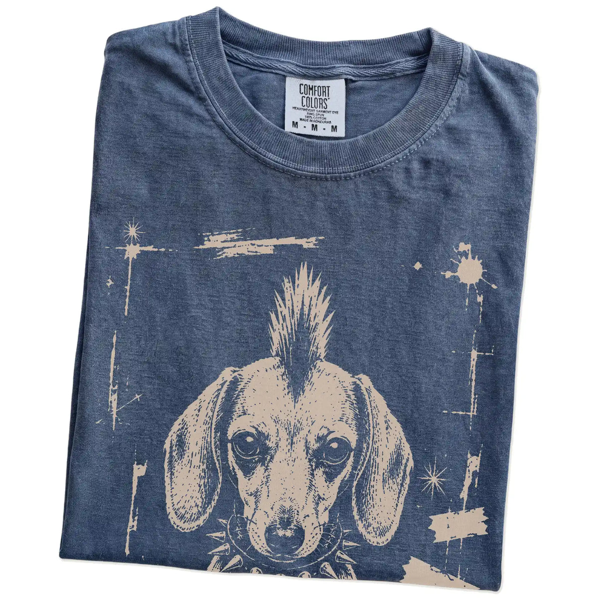 Folded Denim Punk Rock Dachshund T-Shirt showing the graphic