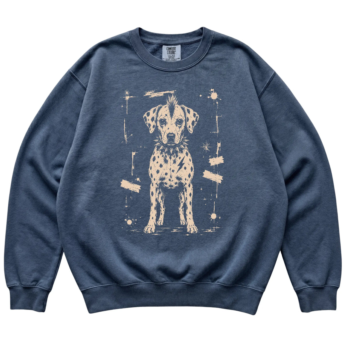 Denim Punk Rock Dalmatian Comfort Colors sweatshirt, flat view