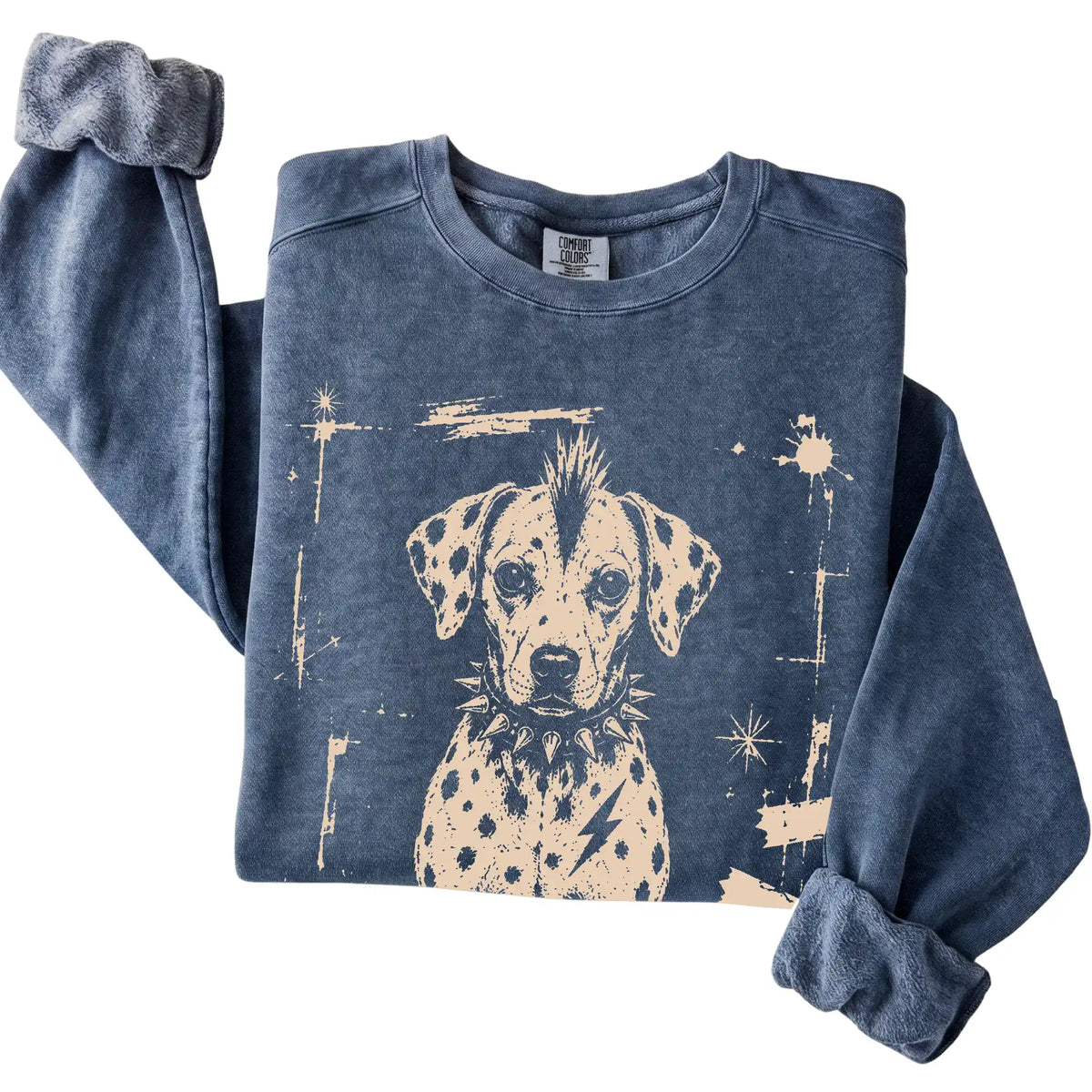 Denim Punk Rock Dalmatian Comfort Colors sweatshirt, folded view