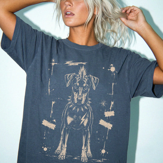 Woman wearing a Denim Punk Rock Doberman T-Shirt
