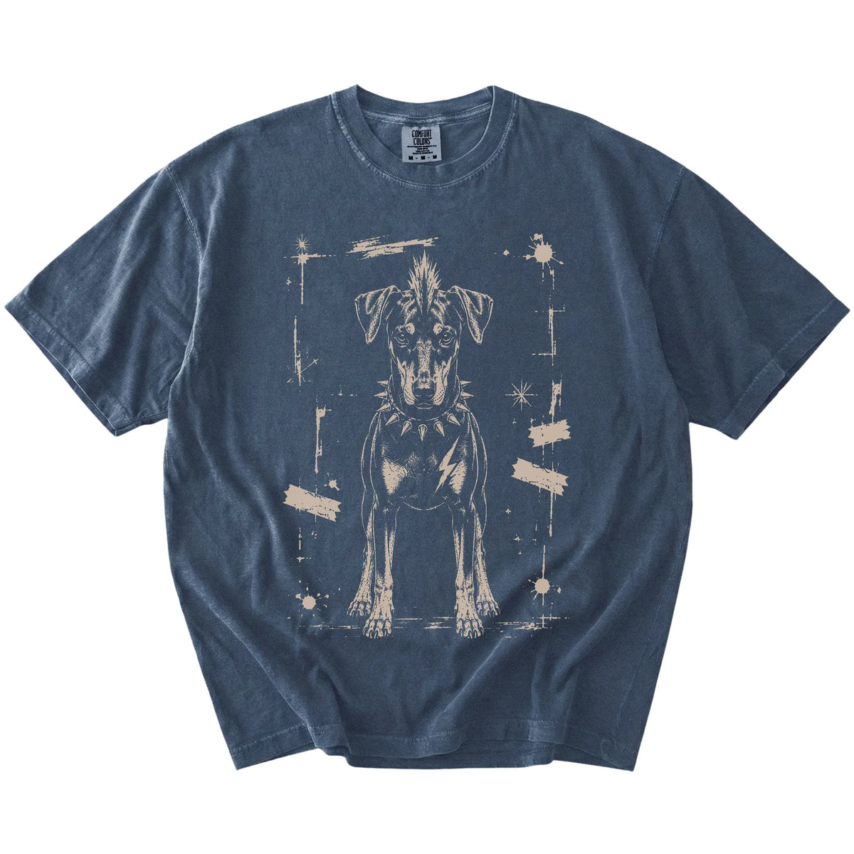 Denim Punk Rock Doberman T-Shirt laid flat