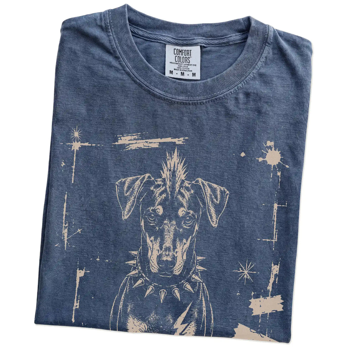 Folded Denim Punk Rock Doberman T-Shirt showing the graphic